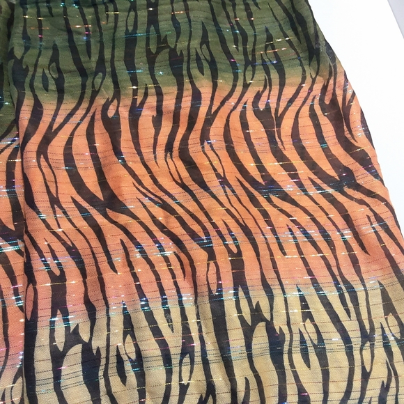 Tri-colored Tiger Striped Fashion Scarf, Green Orange Gold Fringed - Picture 6 of 8